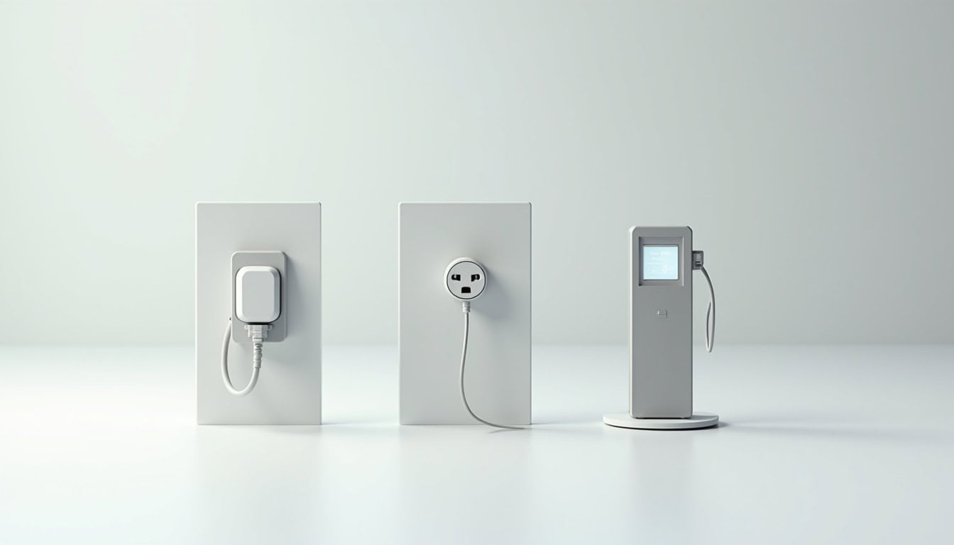 Comparaison visuelle des différents types de bornes de recharge électrique: wallbox, prise renforcée, borne publique