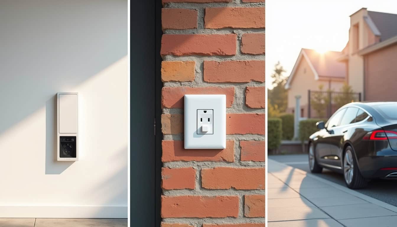 Comparaison visuelle des différents types de bornes de recharge électrique: wallbox, prise renforcée et borne publique