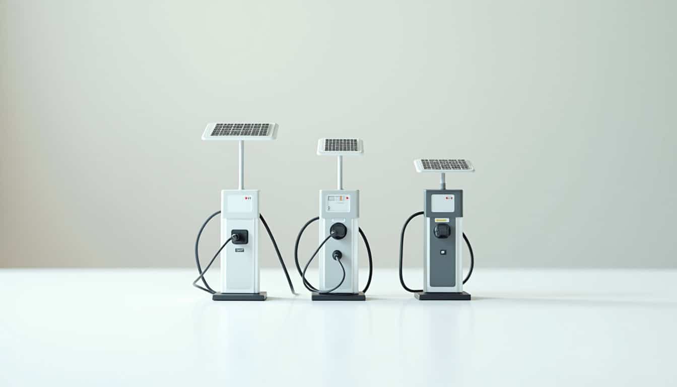 Comparaison visuelle des différents types de bornes de recharge: monophasée, triphasée, avec panneaux solaires