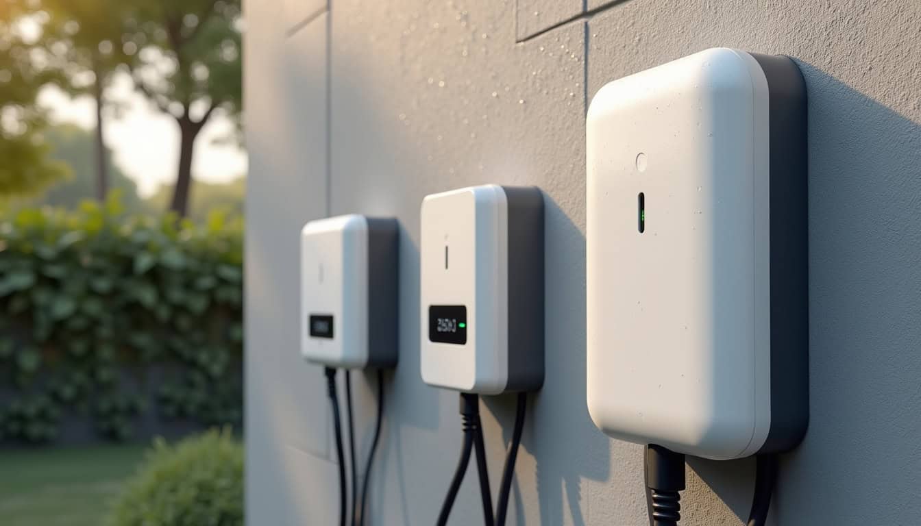 Comparaison visuelle des différents types de bornes de recharge pour véhicules électriques en installation extérieure