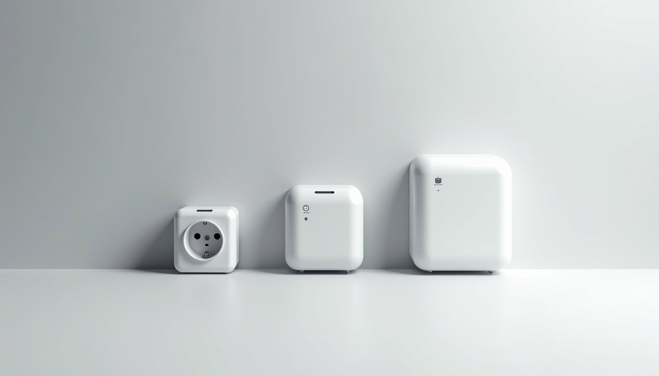 Comparaison visuelle des différents types de bornes de recharge: prise renforcée, wallbox 7 kW, wallbox 22 kW
