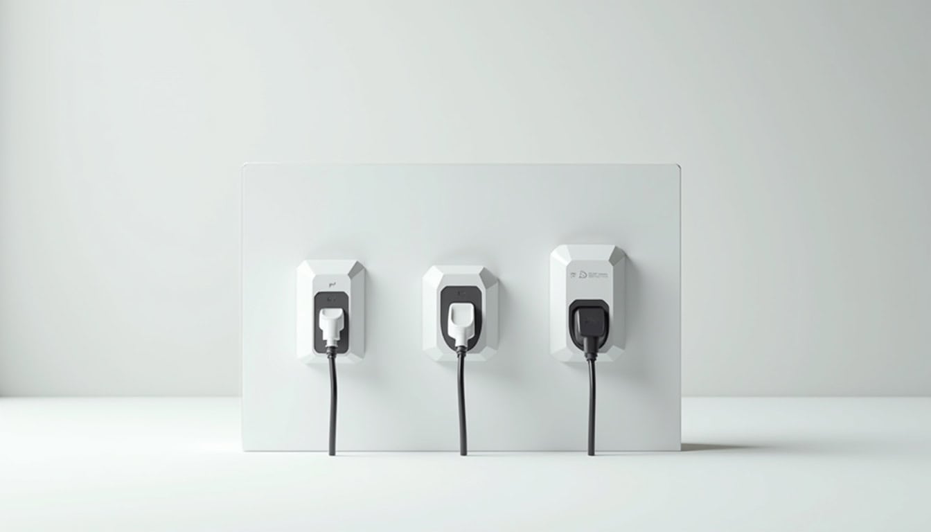 Comparaison visuelle des différents types de bornes de recharge: prise renforcée, wallbox 7kW, wallbox 22kW
