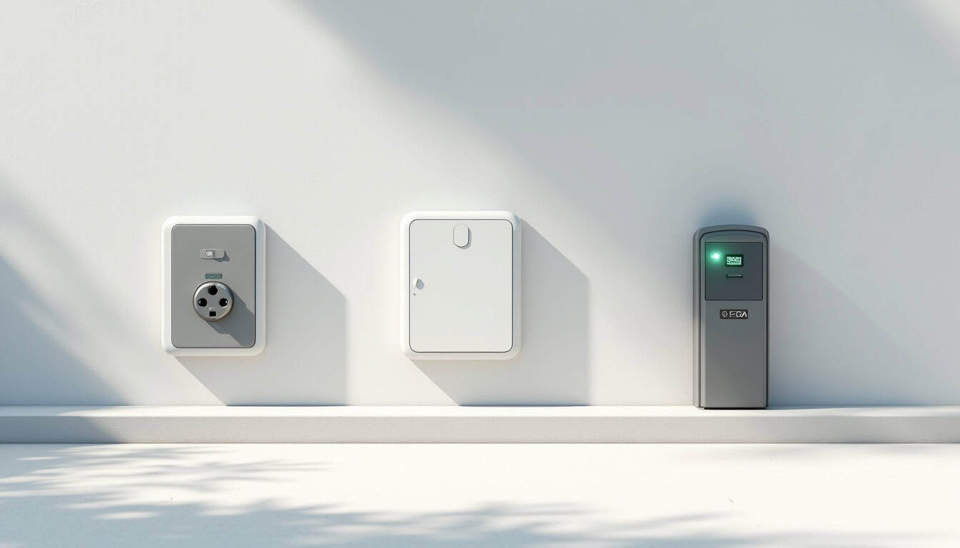 Comparaison visuelle des différents types de bornes de recharge: prise renforcée, wallbox, borne avec badge