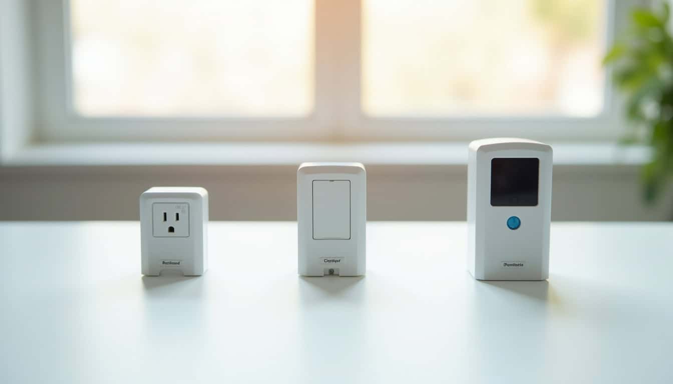 Comparaison visuelle des différents types de bornes de recharge: prise renforcée, wallbox monophasée, borne triphasée