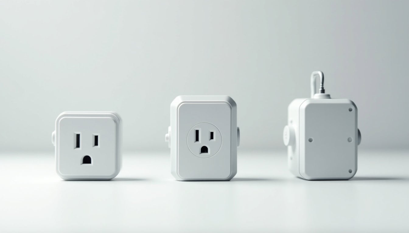 Comparaison visuelle des différents types de bornes de recharge: prise renforcée, wallbox monophasée et triphasée