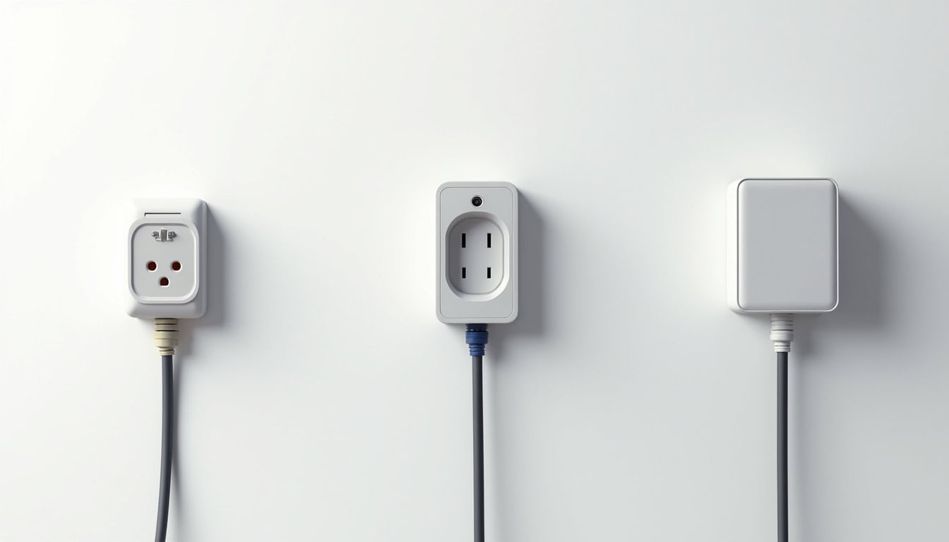 Comparaison visuelle des différents types de bornes de recharge: prise renforcée, wallbox simple et murale intelligente