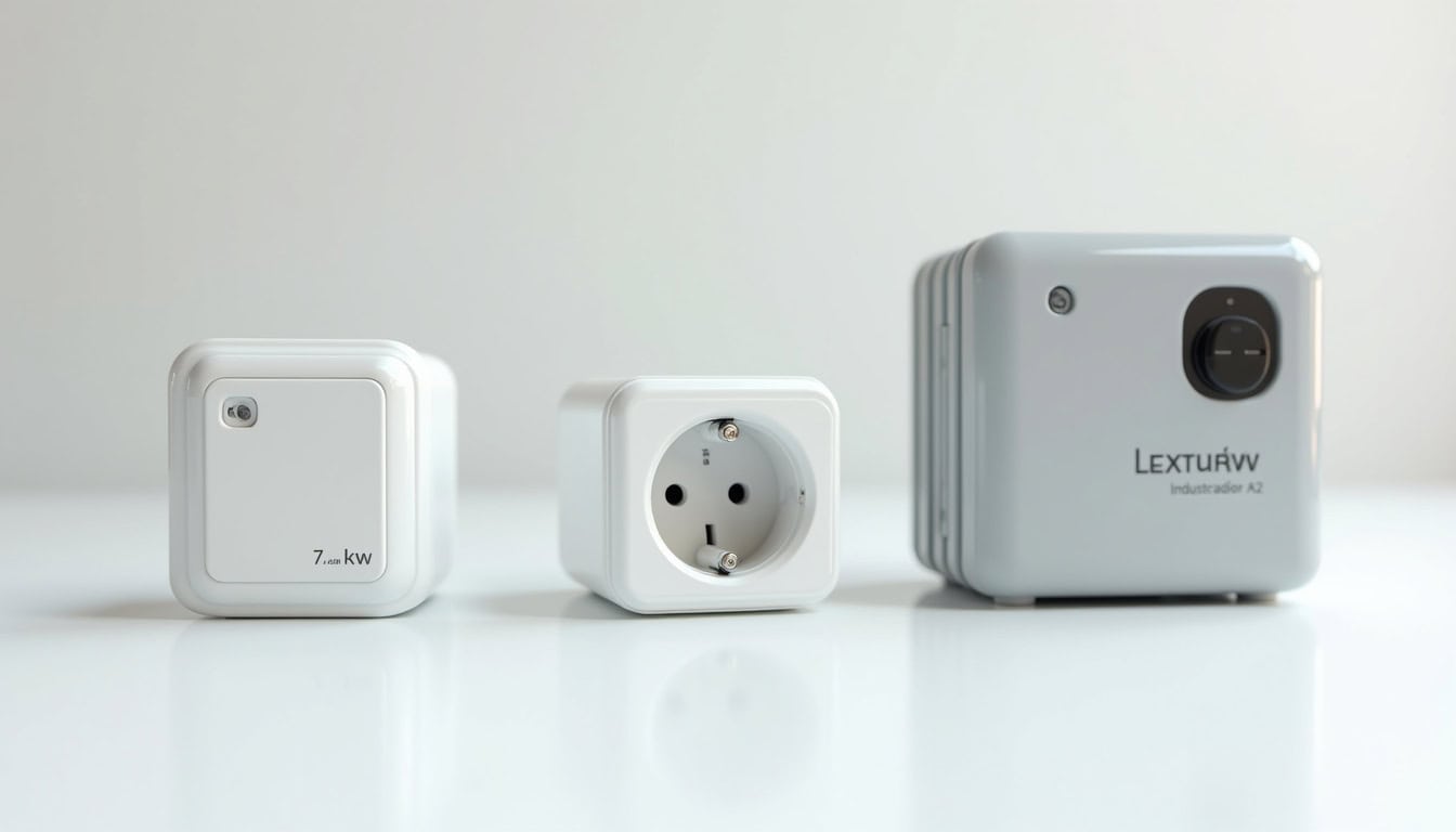 Comparaison visuelle des différents types de bornes de recharge: wallbox 7 kW, prise renforcée 3,7 kW et borne triphasée 22 kW