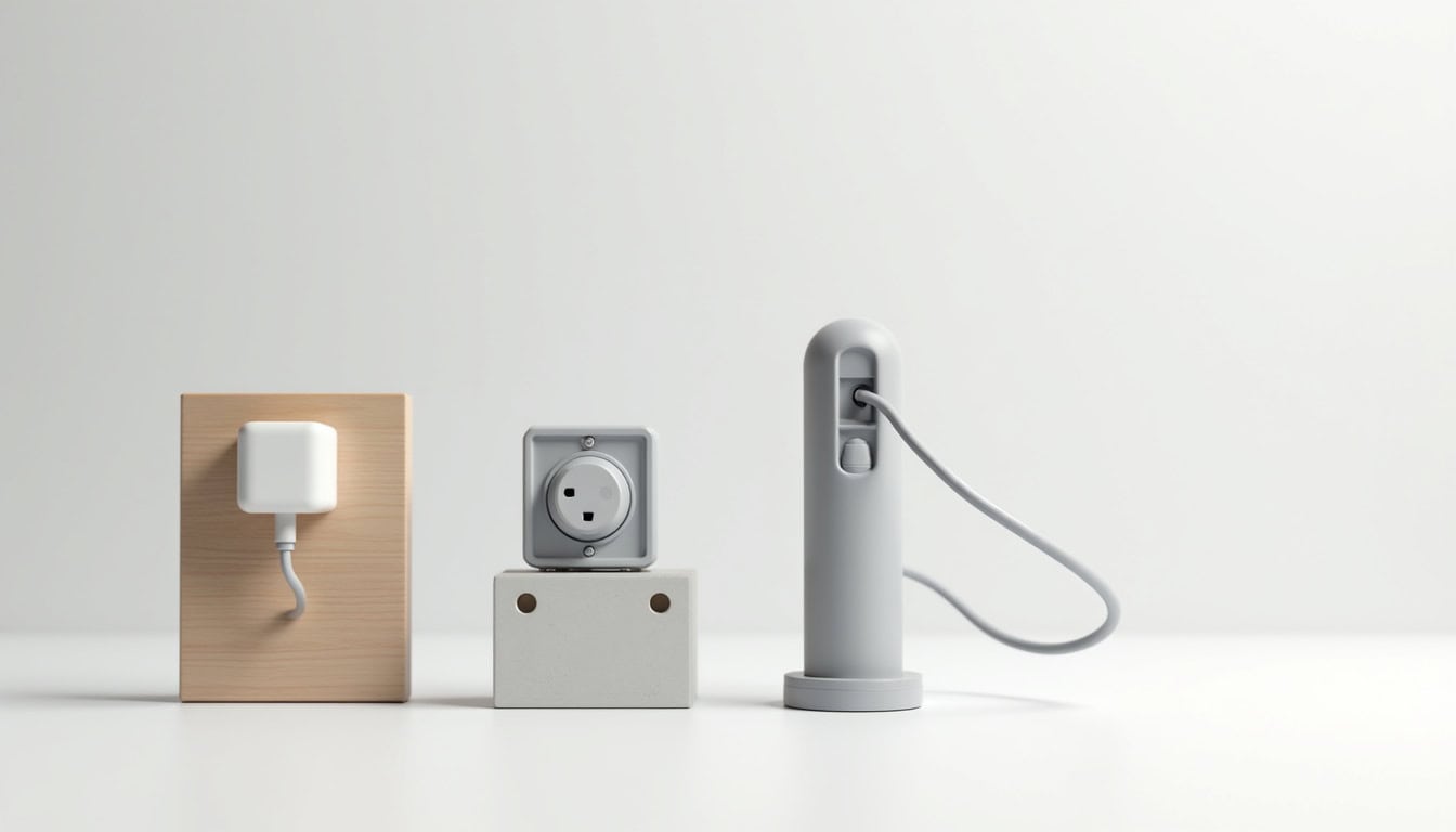 Comparaison visuelle des différents types de bornes de recharge: Wallbox, prise renforcée et borne publique