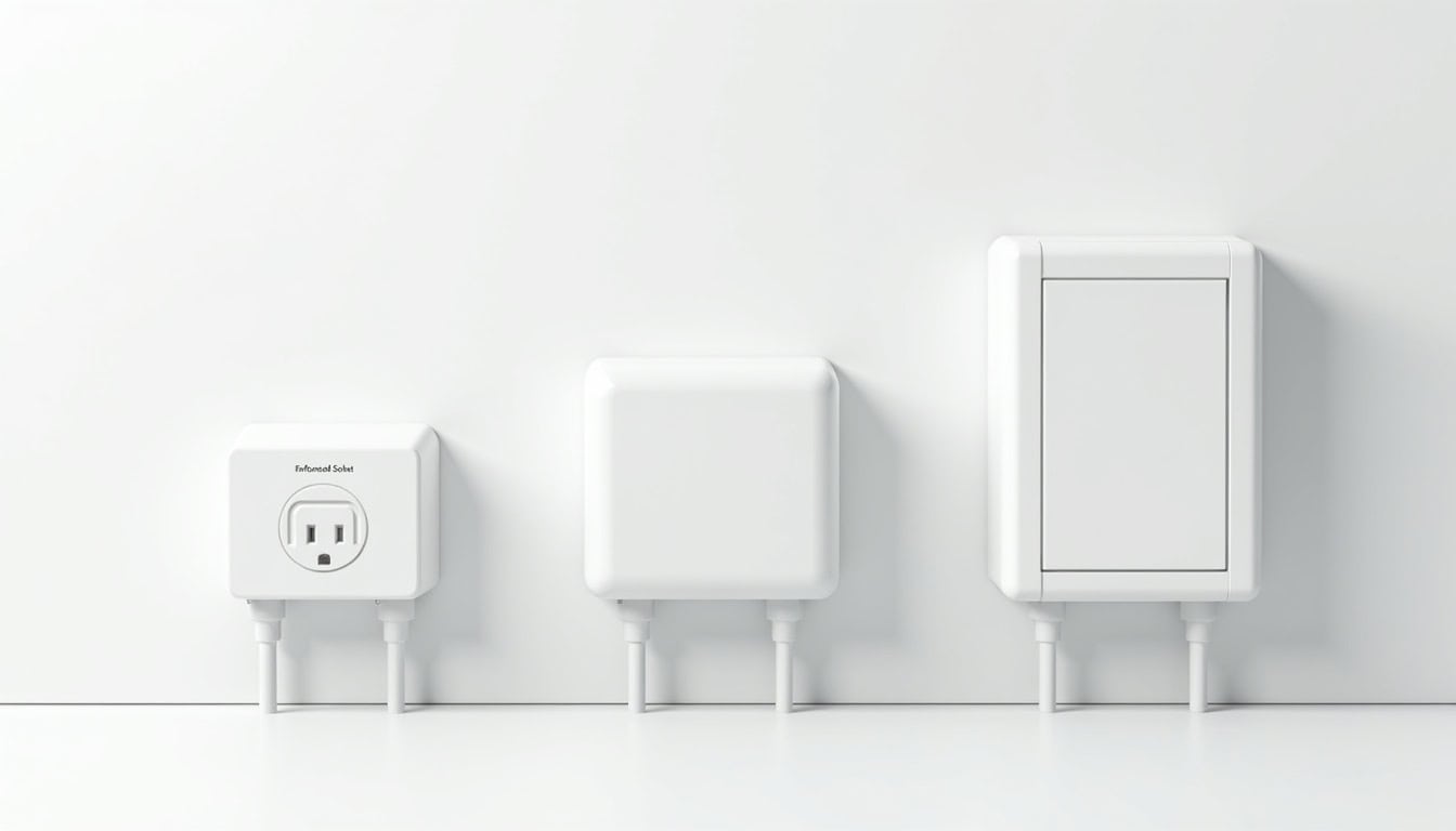 Comparaison visuelle des différents types de bornes électriques: prise renforcée, wallbox 7,4 kW, wallbox triphasée 22 kW
