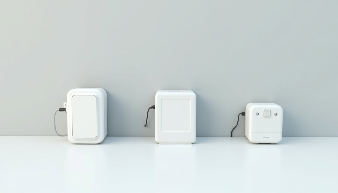 Comparaison visuelle des différents types de bornes électriques: wallbox 7 kW, wallbox triphasée 22 kW et prise renforcée Green