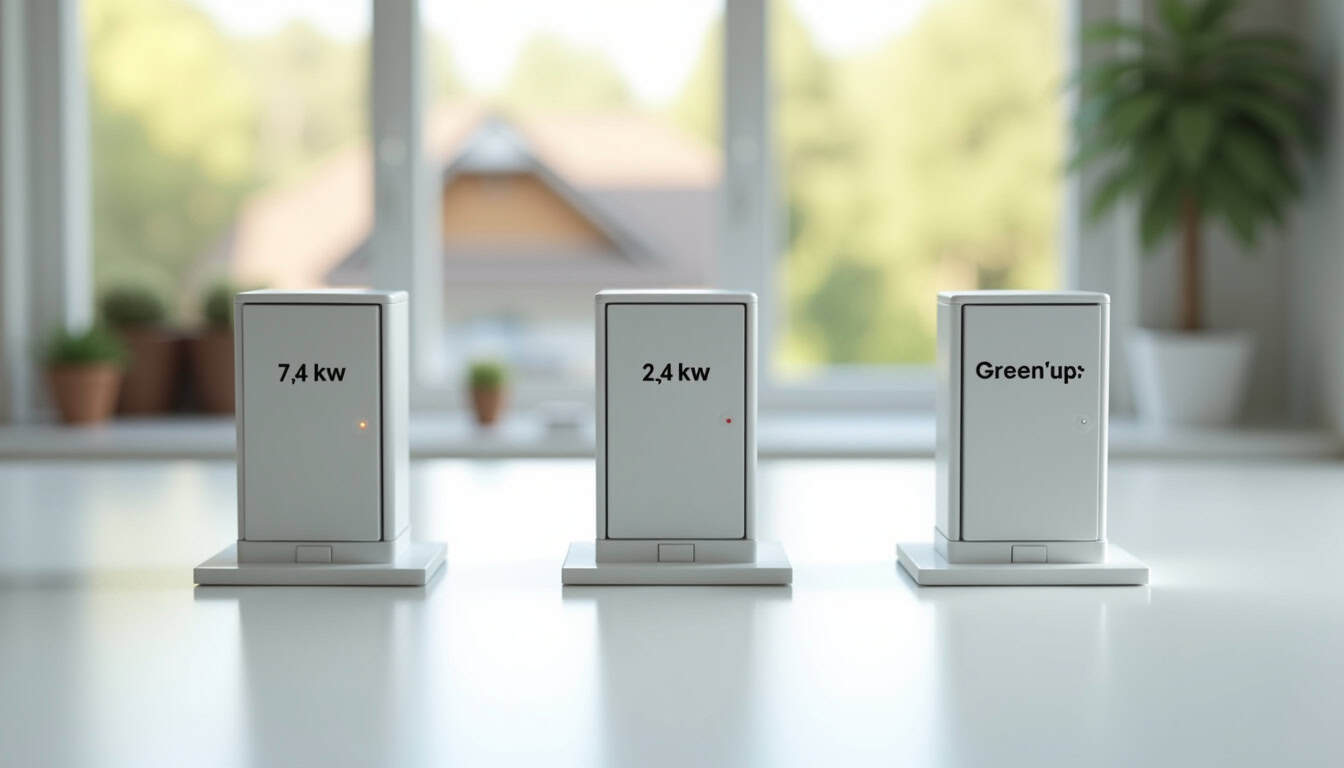 Comparaison visuelle des différents types de bornes électriques: wallbox 7,4 kW, borne triphasée 22 kW et prise Green'up