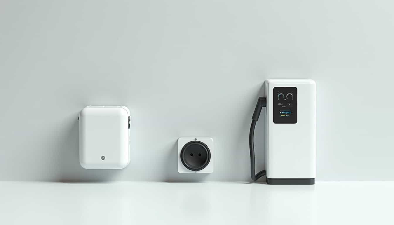 Comparaison visuelle des différents types de bornes électriques: wallbox, prise renforcée et borne rapide