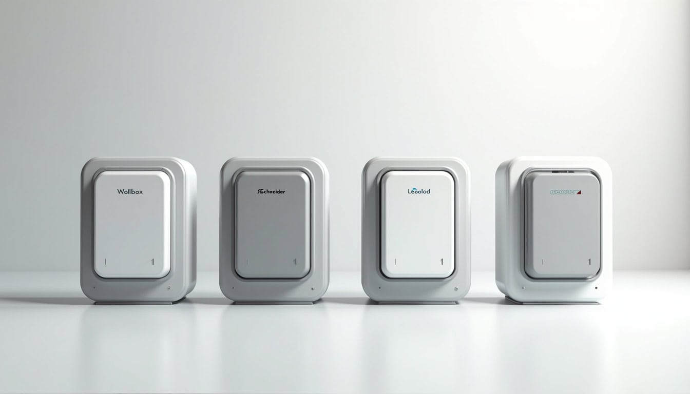 Comparaison visuelle des principales marques de wallbox: Wallbox, Schneider, Legrand, Hager