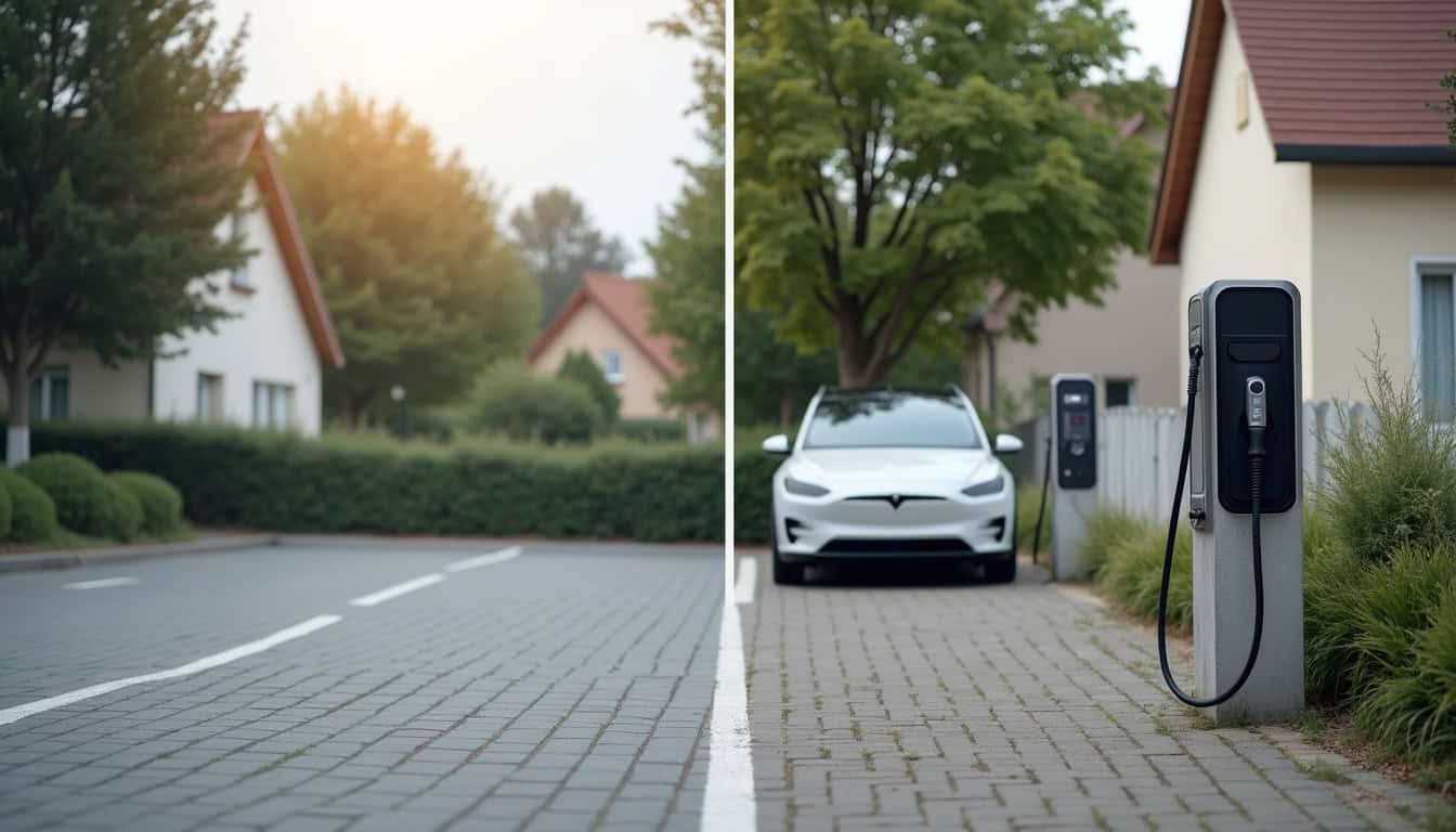 Comparaison visuelle d'un parking sans puis avec une borne de recharge installée à Bernaville