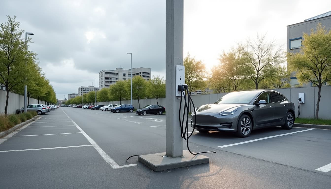 Comparaison visuelle d'une installation de borne de recharge avant et après sur un parking extérieur à Bailleul-sur-Thérain