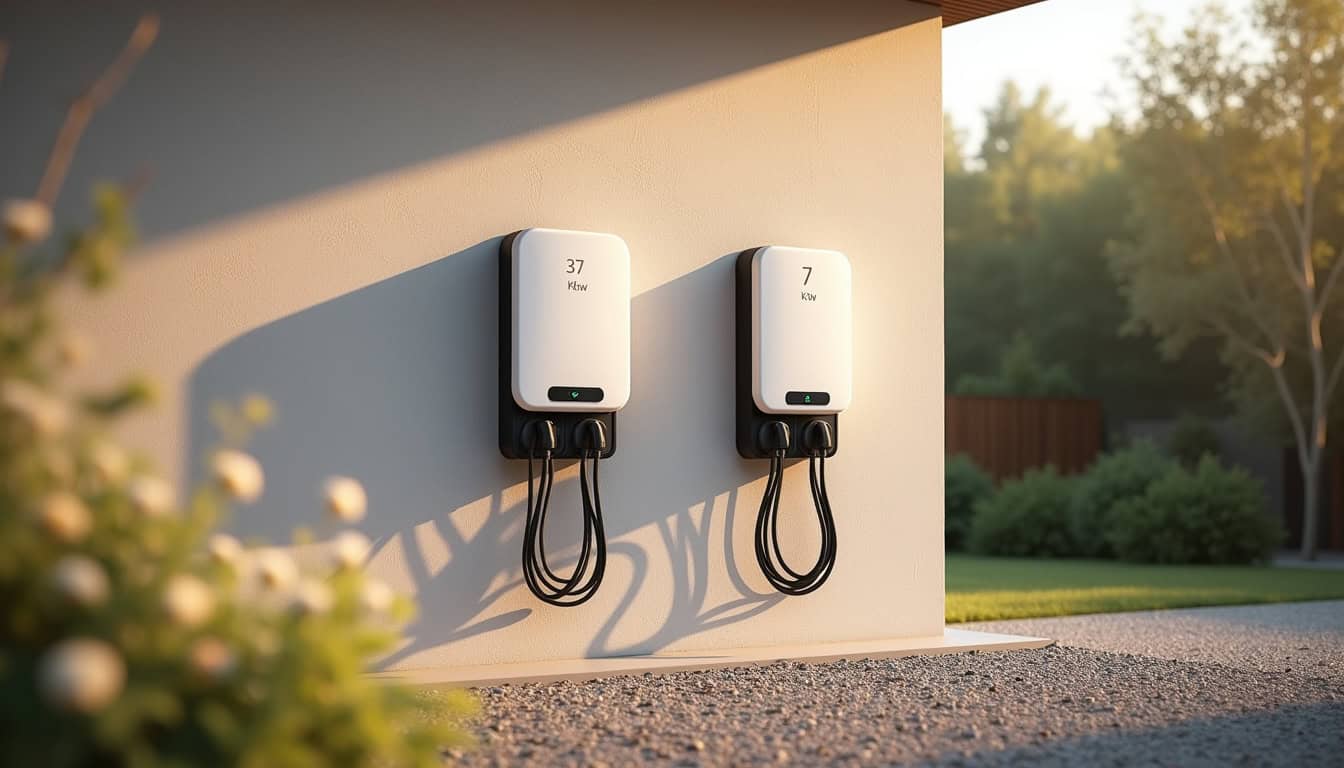 Comparaison visuelle entre une borne de 3,7 kW et une borne de 7,4 kW installées en extérieur