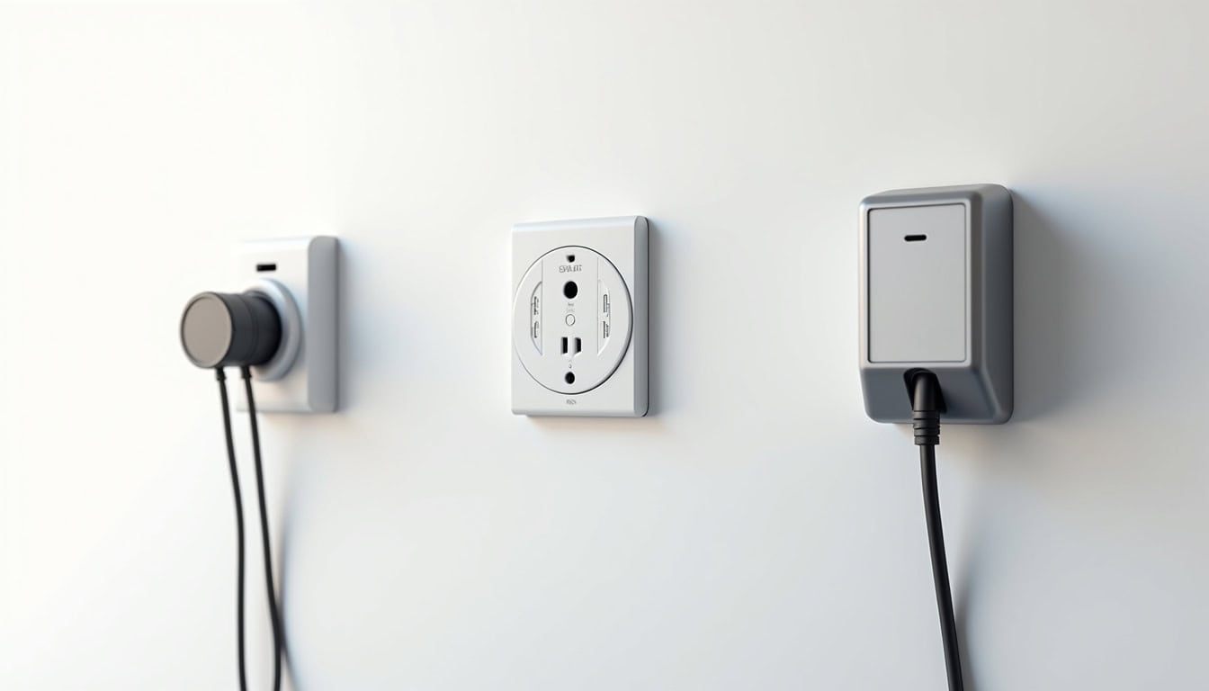 Comparaison visuelle entre une prise domestique, une prise renforcée et une borne murale pour véhicule électrique