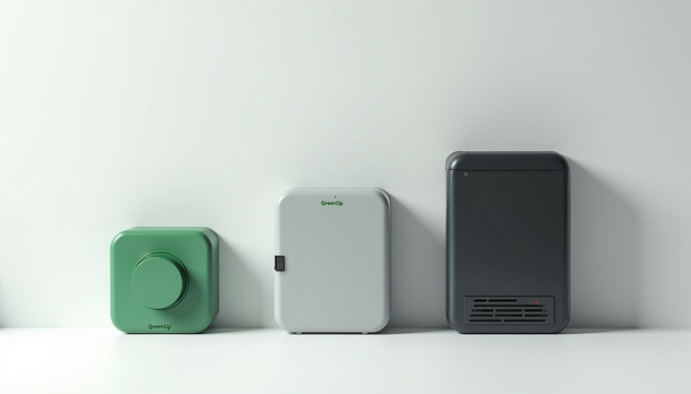 Comparaison visuelle entre une prise Green'Up, une borne murale 7,4 kW et une borne triphasée 22 kW