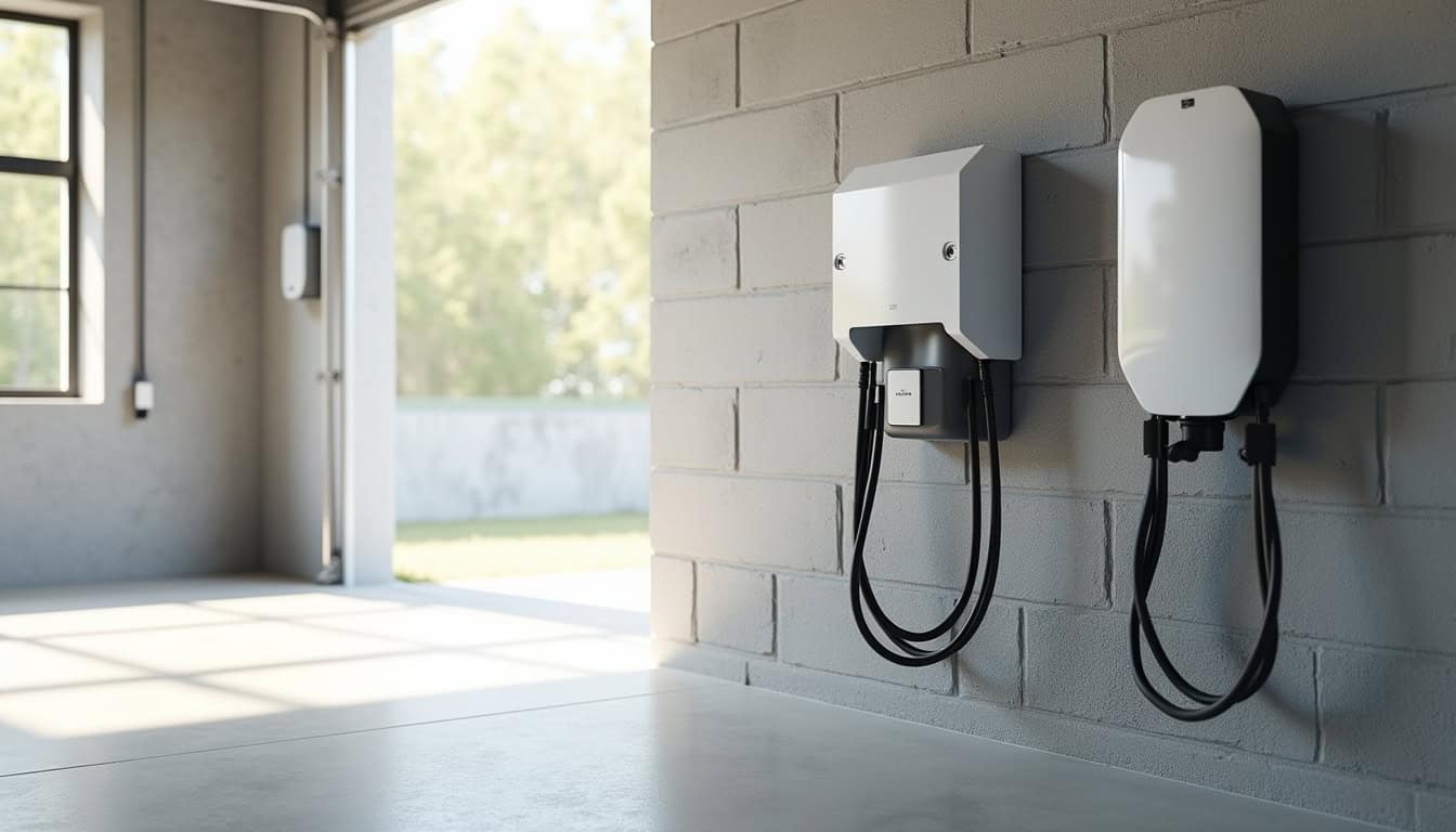 Comparaison visuelle entre une prise renforcée et une borne murale installée au garage