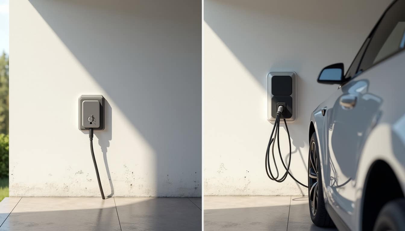 Comparaison visuelle entre une prise renforcée et une borne murale installée dans un garage à Saint-Ay