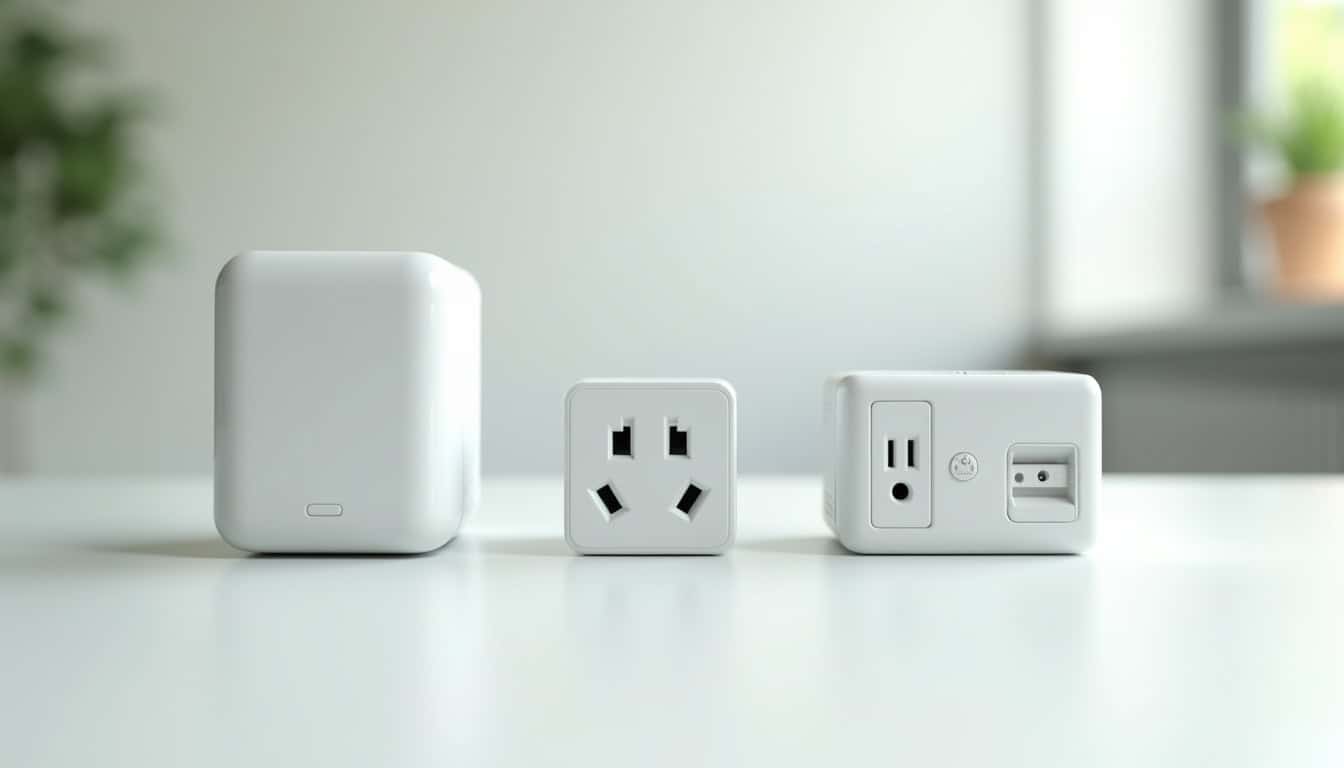 Comparaison visuelle entre une wallbox, une prise Green'Up et une prise domestique pour véhicule électrique