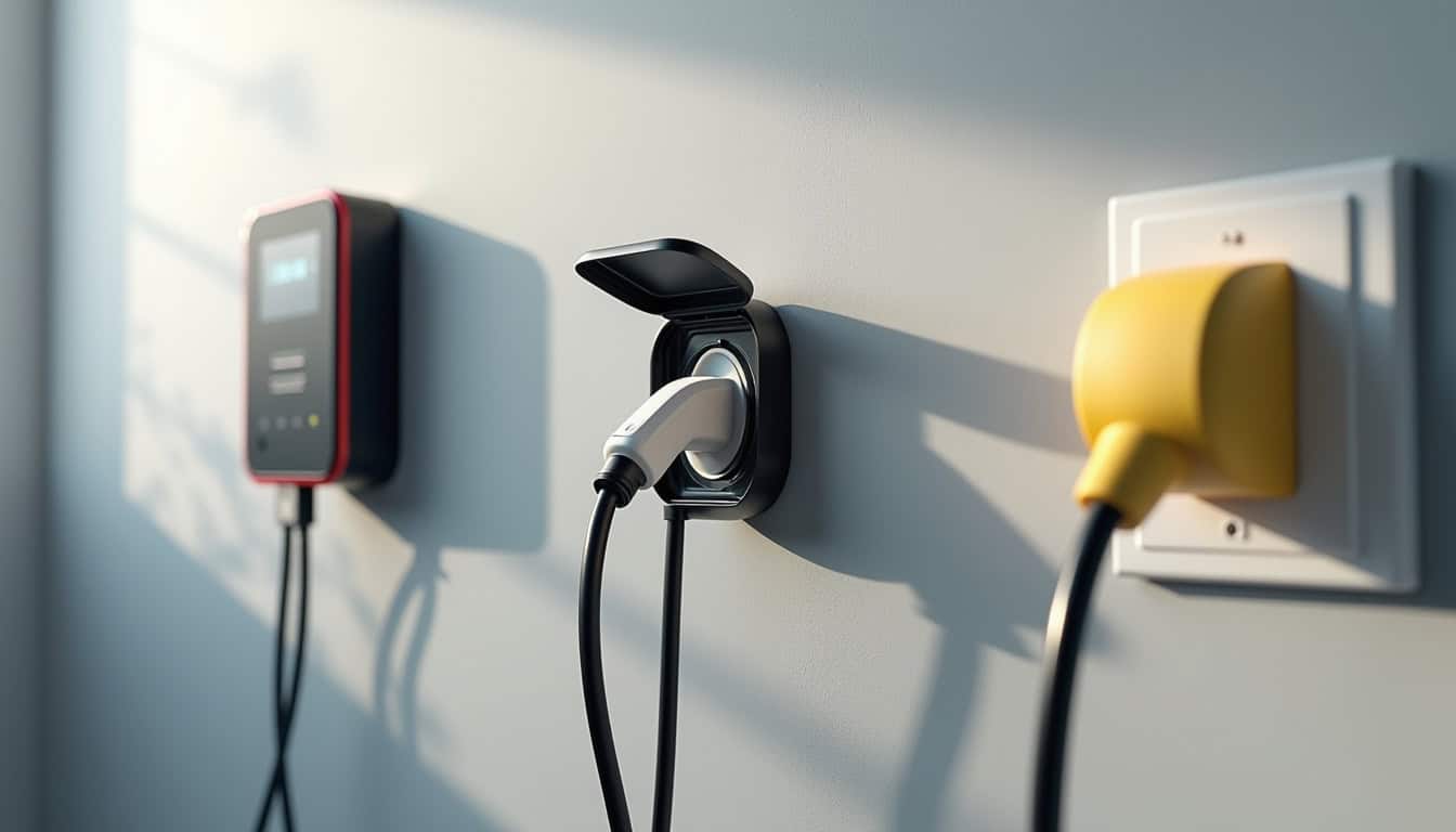 Comparaison visuelle entre une wallbox, une prise renforcée Green’up et une simple prise domestique