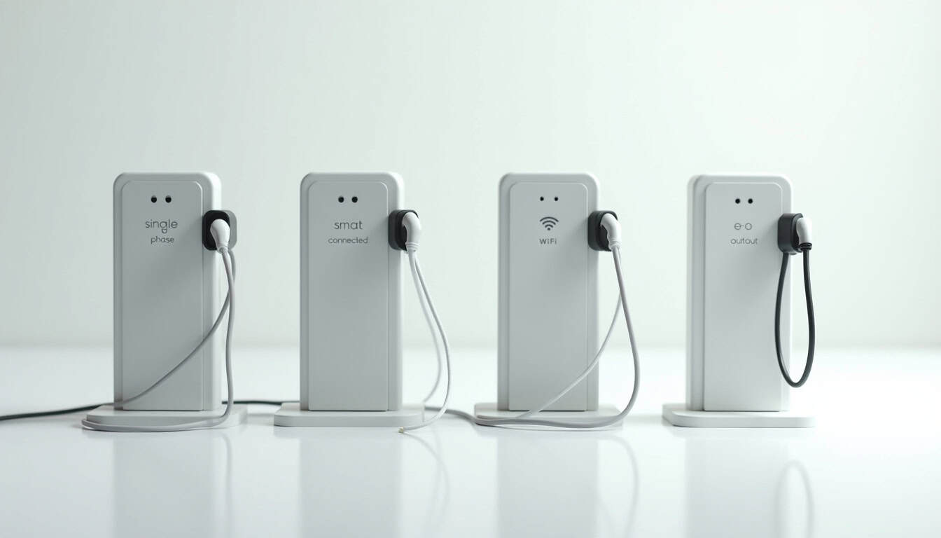 Comparatif visuel des différents types de bornes de recharge électrique: monophasée, triphasée, connectée et double sortie