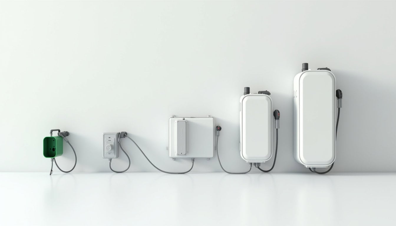Comparatif visuel des différents types de bornes de recharge électrique: prise renforcée, wallbox 7,4 kW et borne triphasée 22 kW
