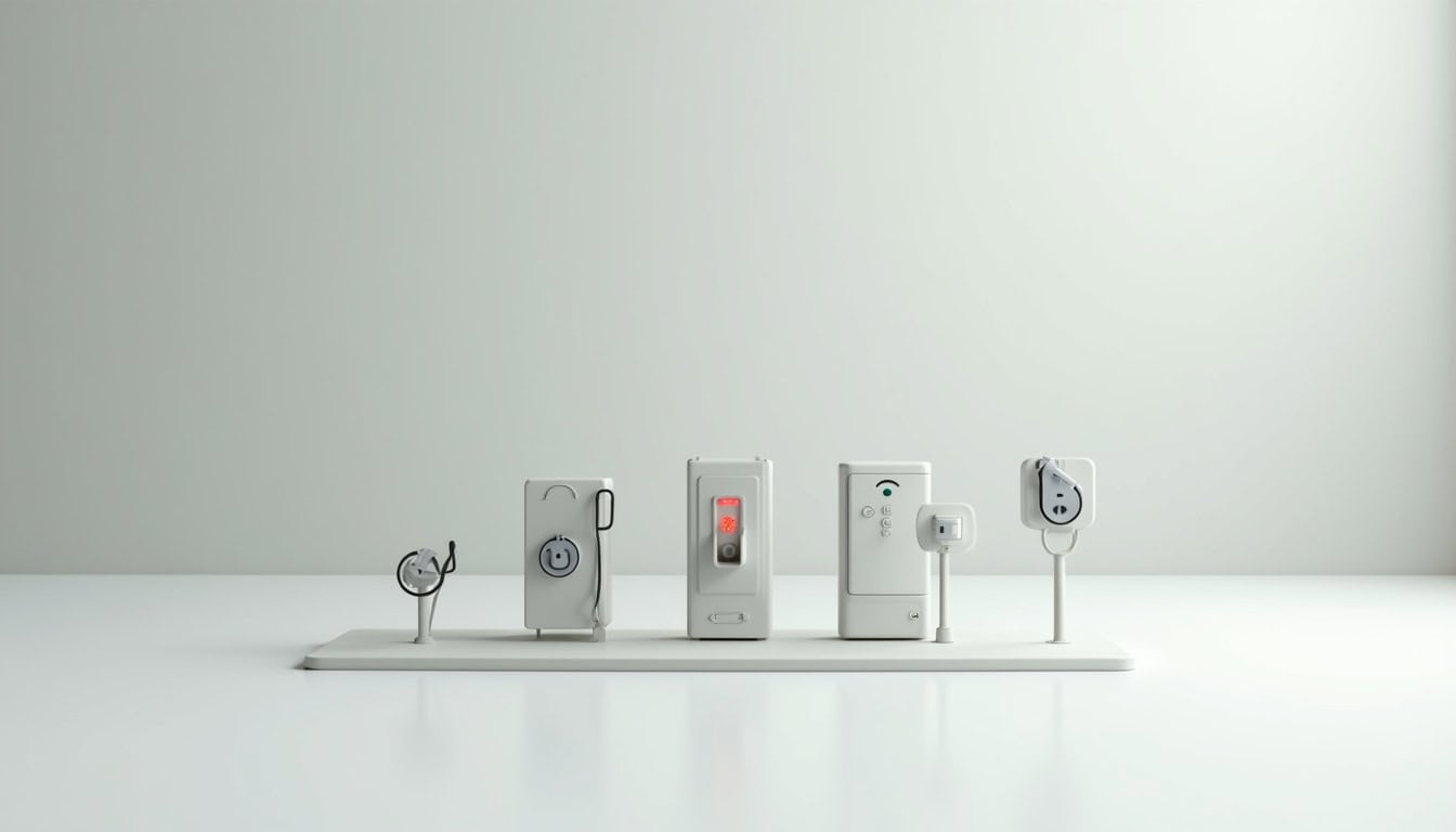 Comparatif visuel des différents types de bornes de recharge électrique: prise renforcée, wallbox monophasée, borne triphasée
