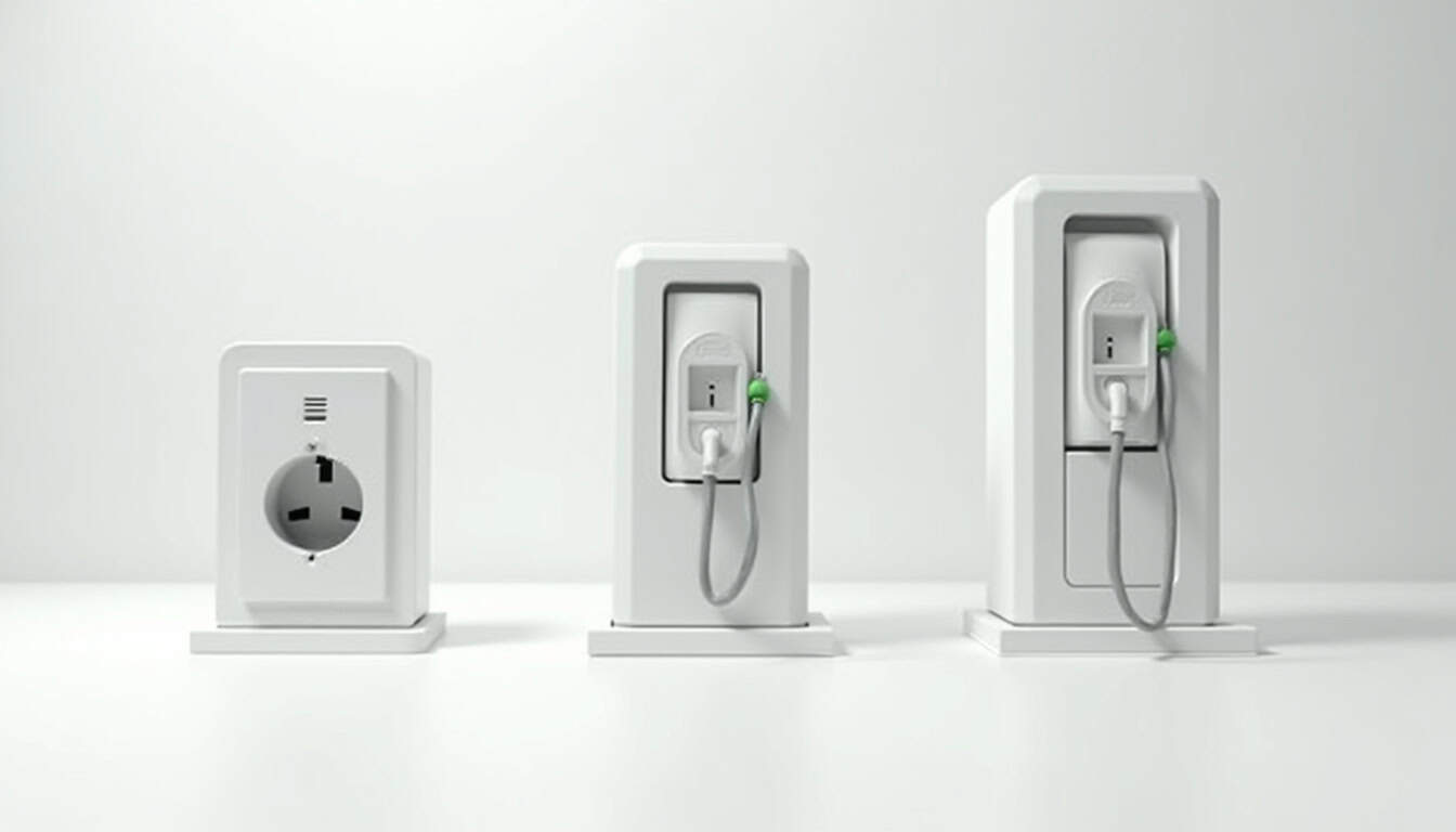 Comparatif visuel des différents types de bornes de recharge électrique: prise renforcée, wallbox, superchargeur