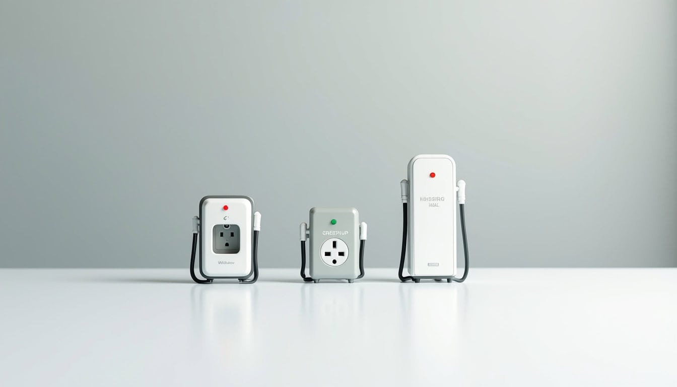 Comparatif visuel des différents types de bornes de recharge électrique: wallbox, prise renforcée Green'Up et borne publique