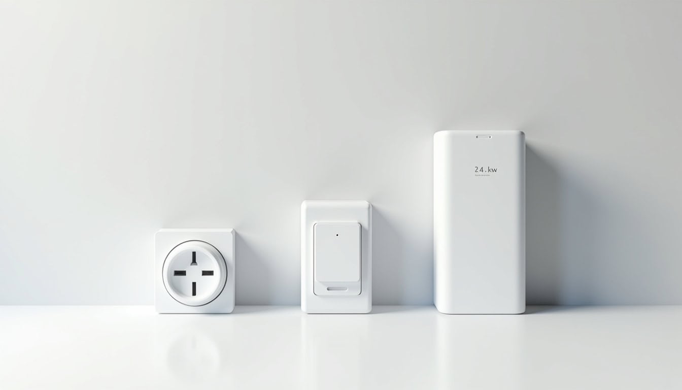 Comparatif visuel des différents types de bornes de recharge: prise renforcée, wallbox 7,4 kW, borne 22 kW