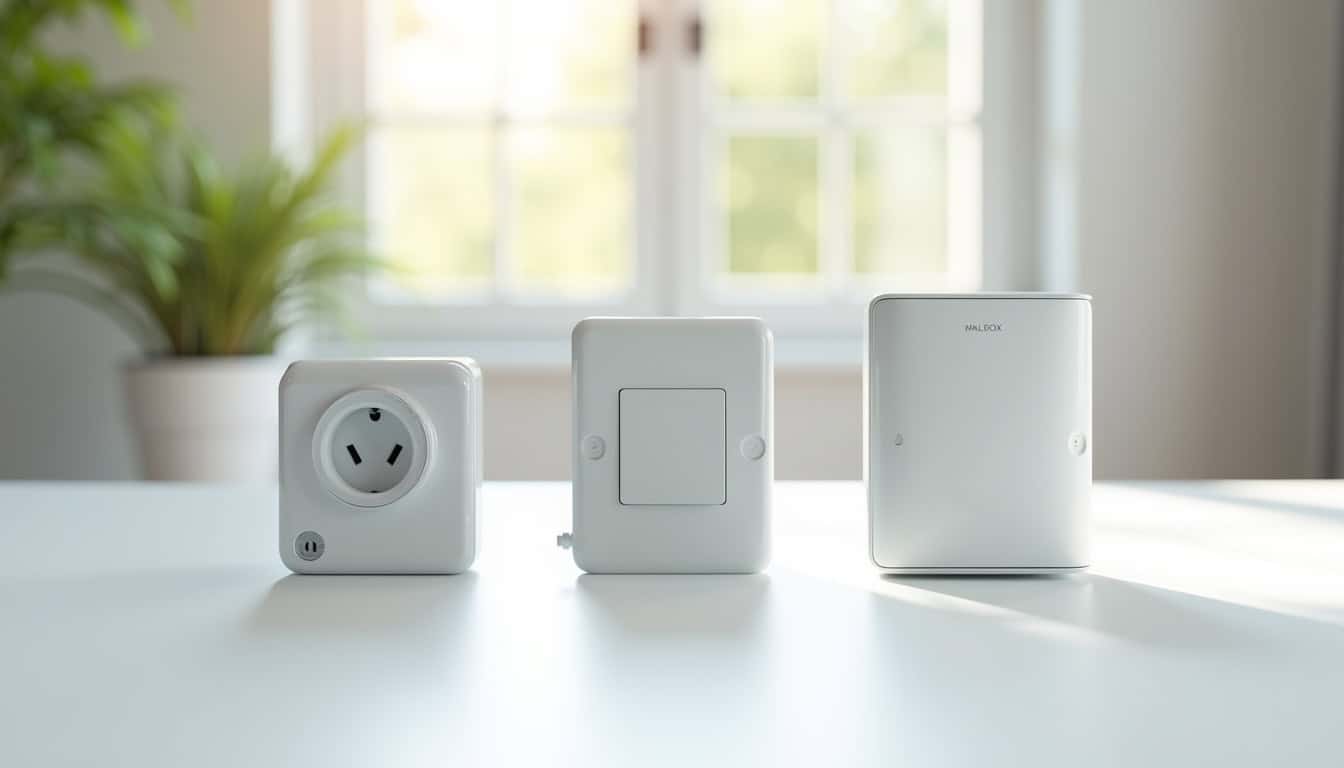 Comparatif visuel des différents types de bornes de recharge: prise renforcée, wallbox 7kW, wallbox 22kW