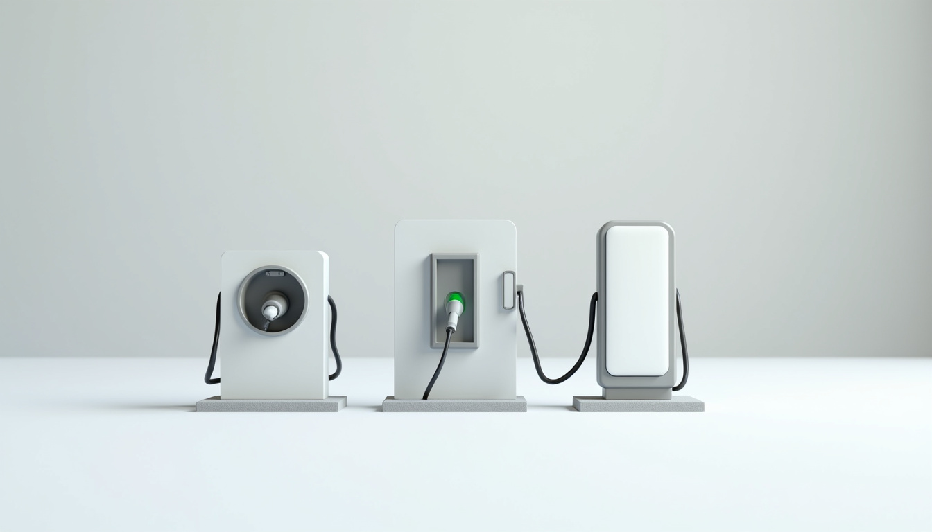Comparatif visuel des différents types de bornes de recharge: prise renforcée, wallbox, borne rapide
