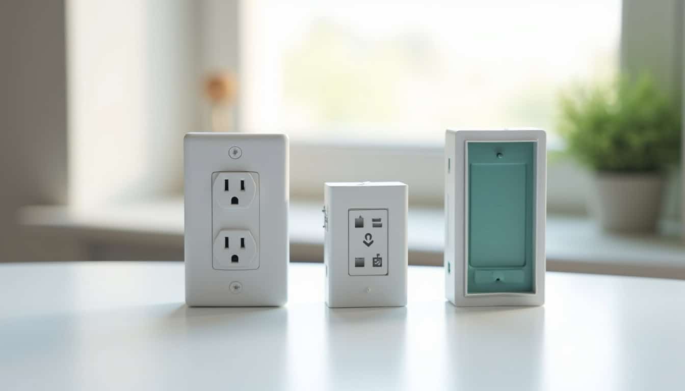 Comparatif visuel des différents types de bornes de recharge: prise renforcée, wallbox monophasée et triphasée
