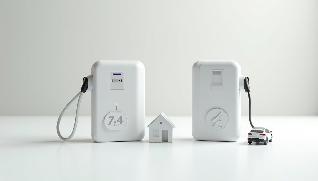 Comparatif visuel entre une borne monophasée 7,4 kW et une borne triphasée 22 kW