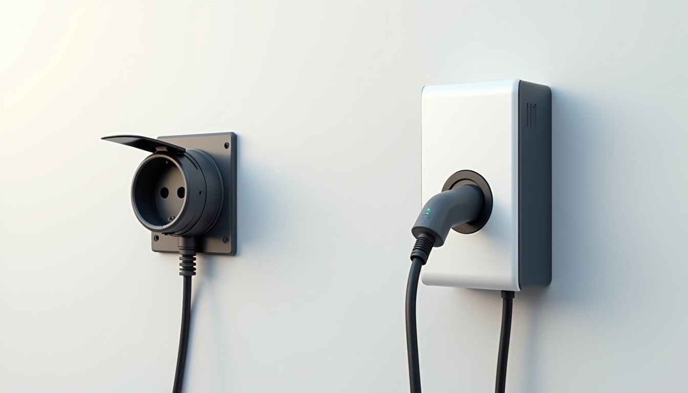 Comparatif visuel entre une prise renforcée et une borne murale pour véhicule électrique