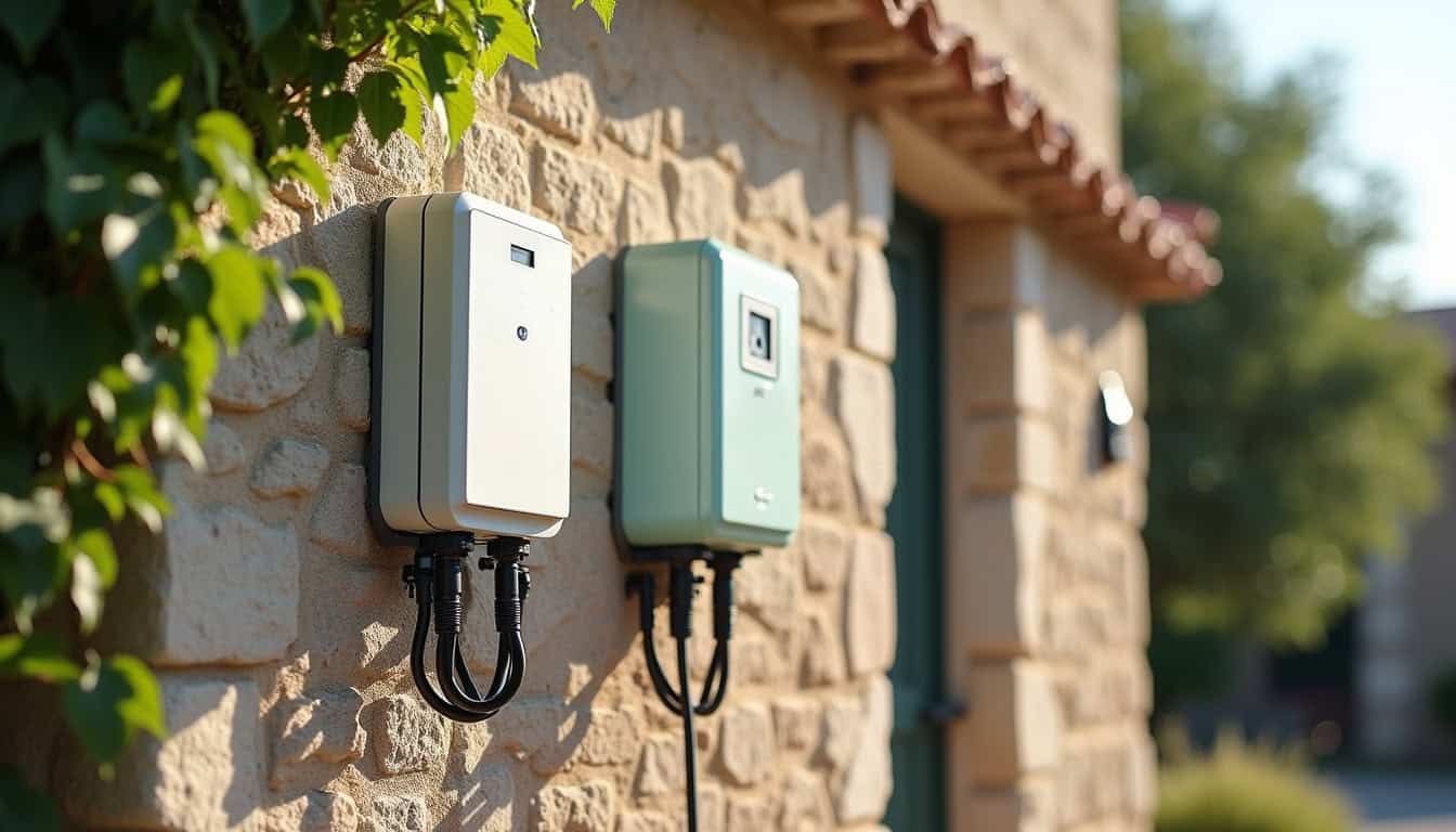 Comparatif visuel entre une wallbox 7 kW et une prise renforcée Green'up installées à l'extérieur d'une maison à Vogüé