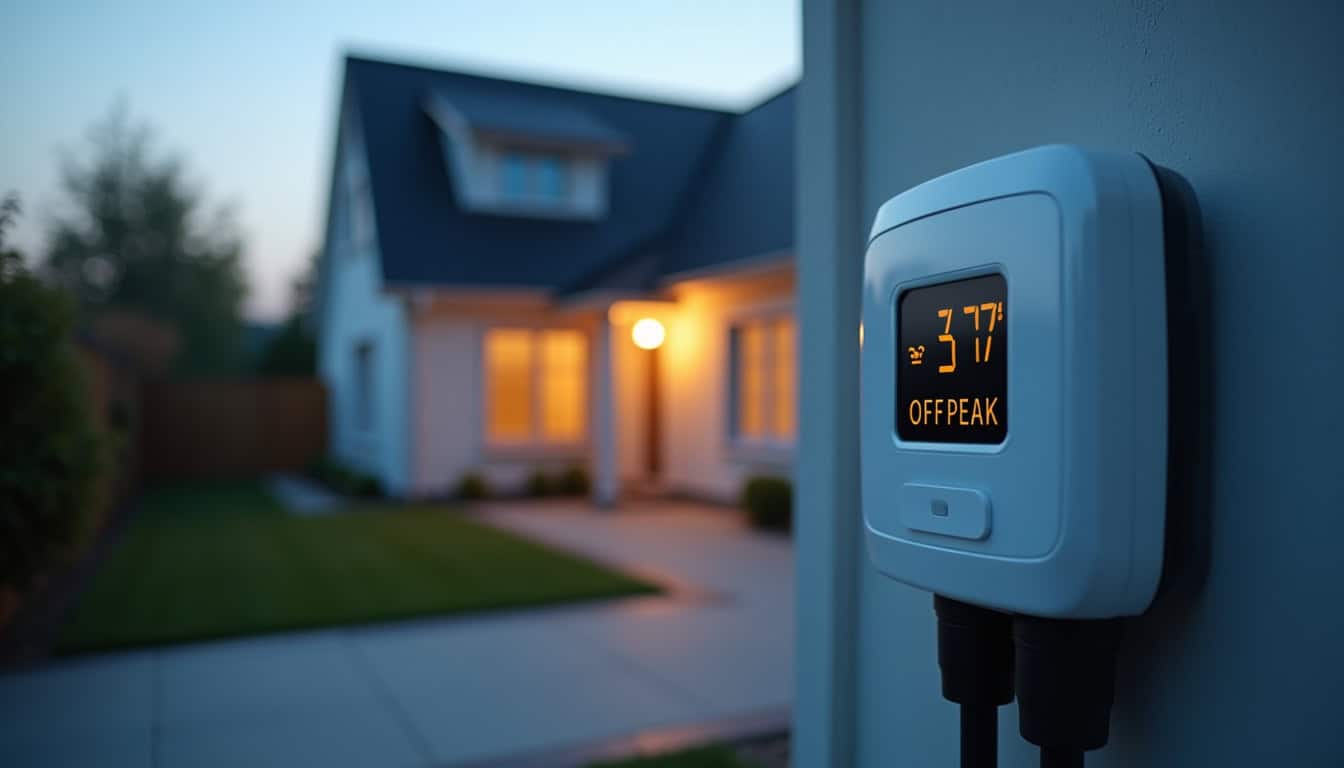Compteur électrique avec affichage des heures creuses, typique d'une maison équipée d'une borne de recharge