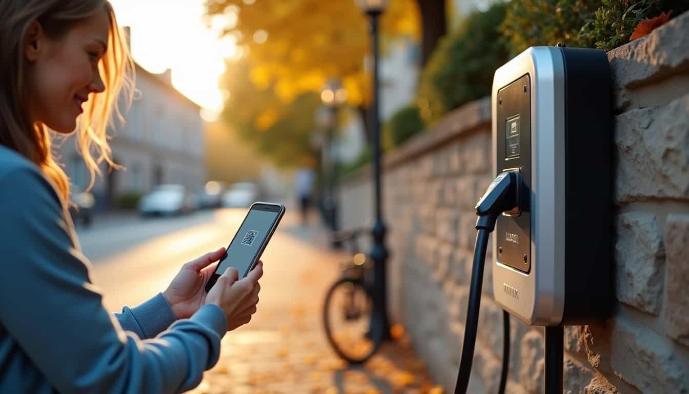 Conducteur utilisant son smartphone pour scanner un QR code sur une borne de recharge à Morteau