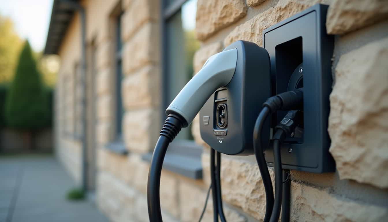 Détail du câblage d'une borne de recharge murale lors d'une installation en extérieur