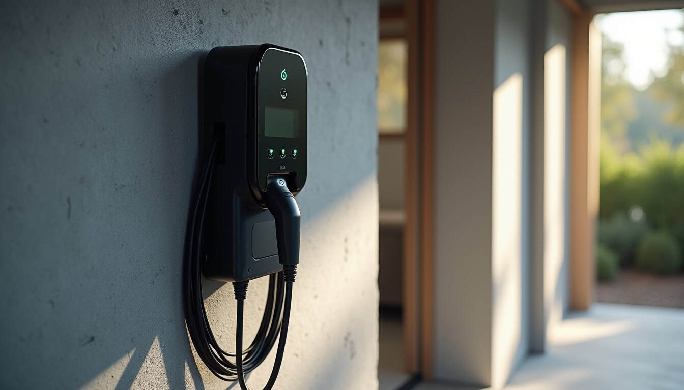 Détail technique d'une borne de recharge murale avec câble et connecteur