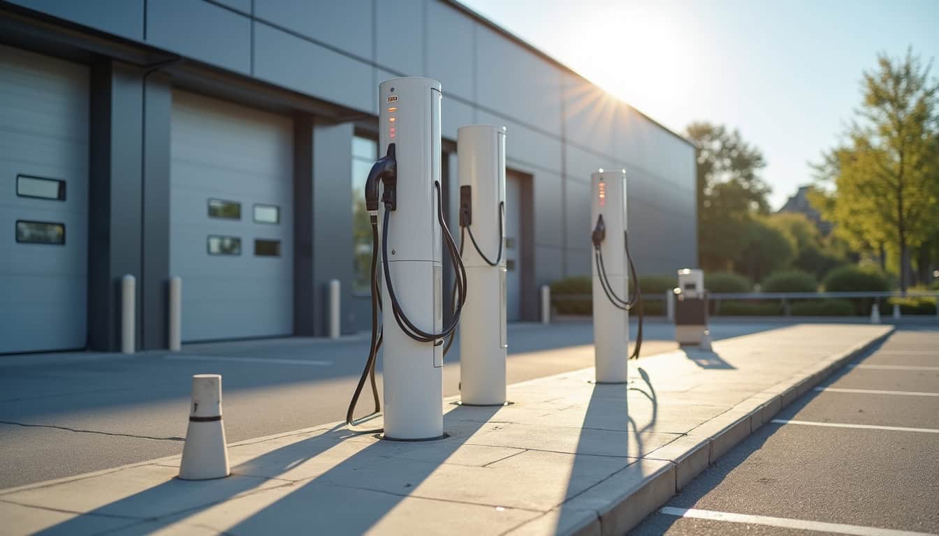 Deux bornes de recharge installées dans une zone industrielle de Vitrolles, devant un bâtiment d
