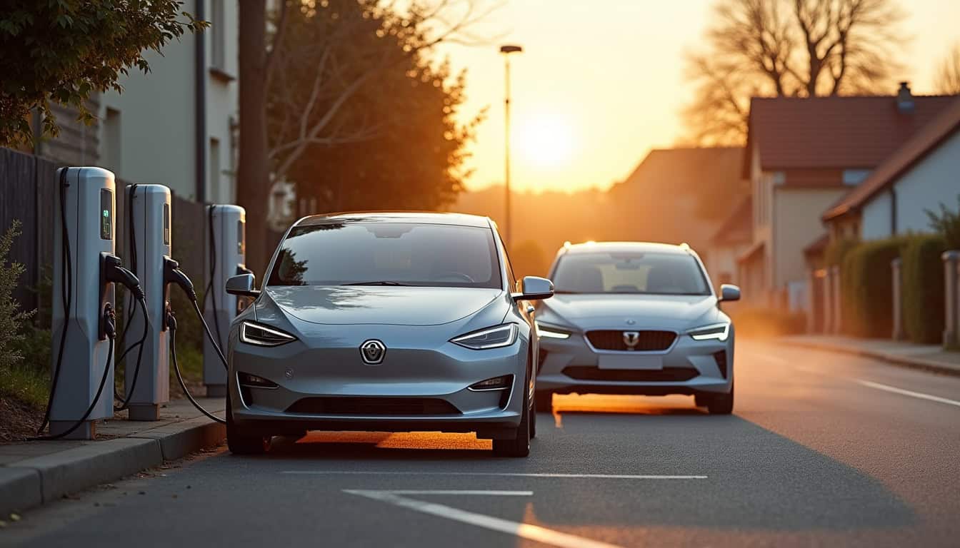 Deux voitures électriques branchées sur une borne double à Bretagne-de-Marsan