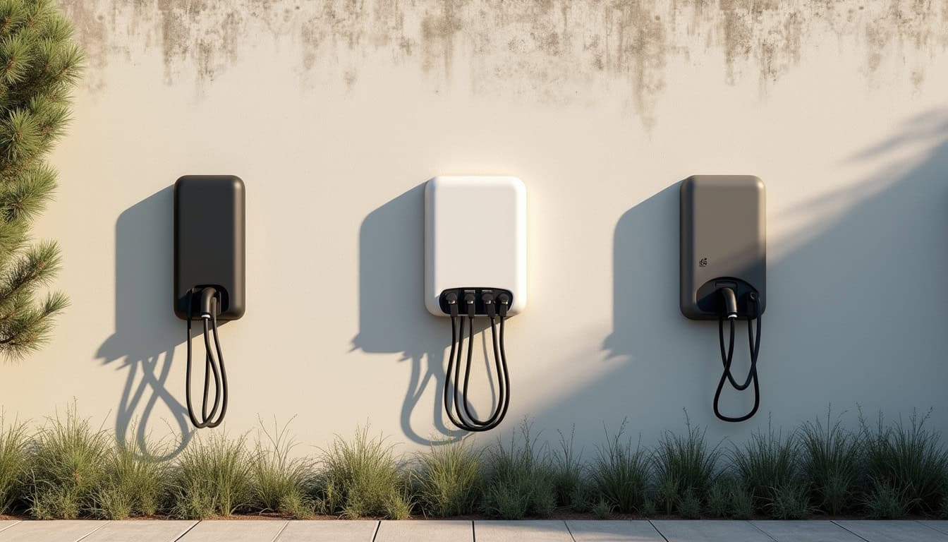 Différents modèles de bornes de recharge domestiques installées sur un mur extérieur