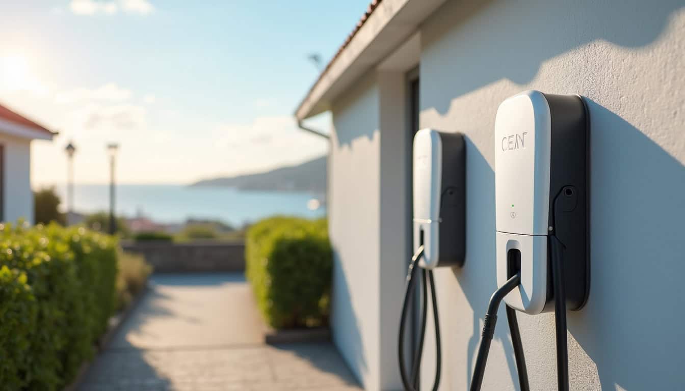 Différents modèles de bornes de recharge électrique installées dans un environnement résidentiel à Dompierre-sur-Mer