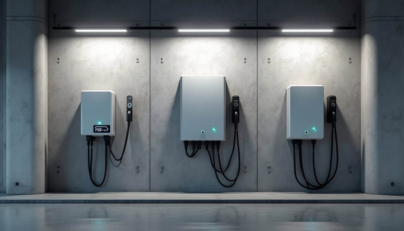 Différents modèles de bornes de recharge électrique installées dans un garage à Bourogne
