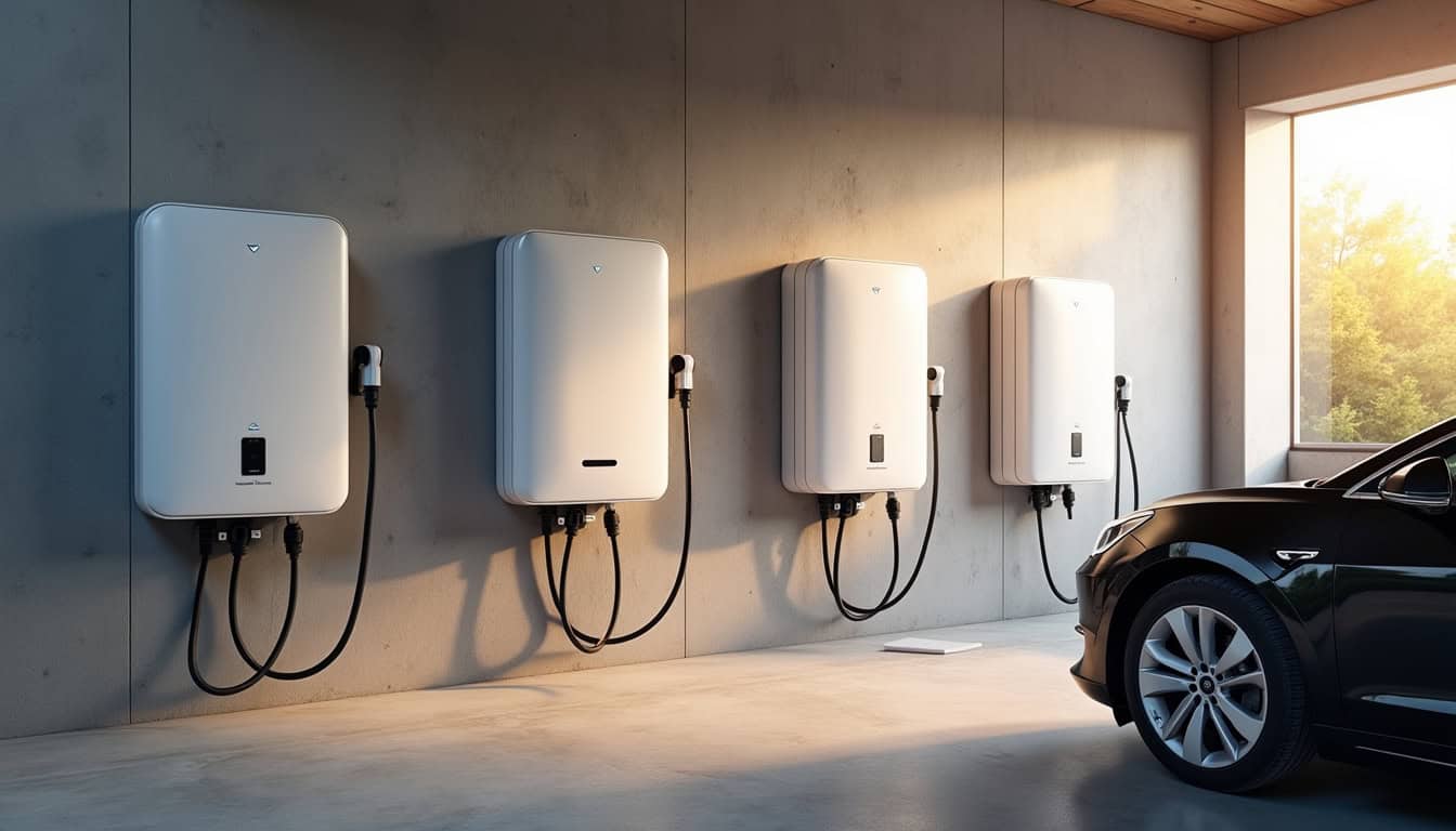 Différents modèles de bornes de recharge électrique installées dans un garage à Gardanne
