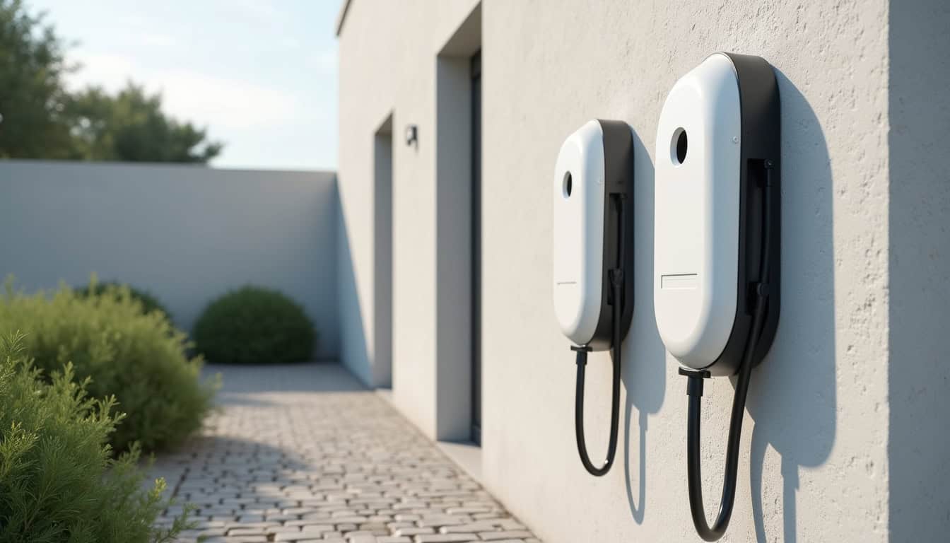Différents modèles de bornes de recharge électrique installées en extérieur à Marsanne