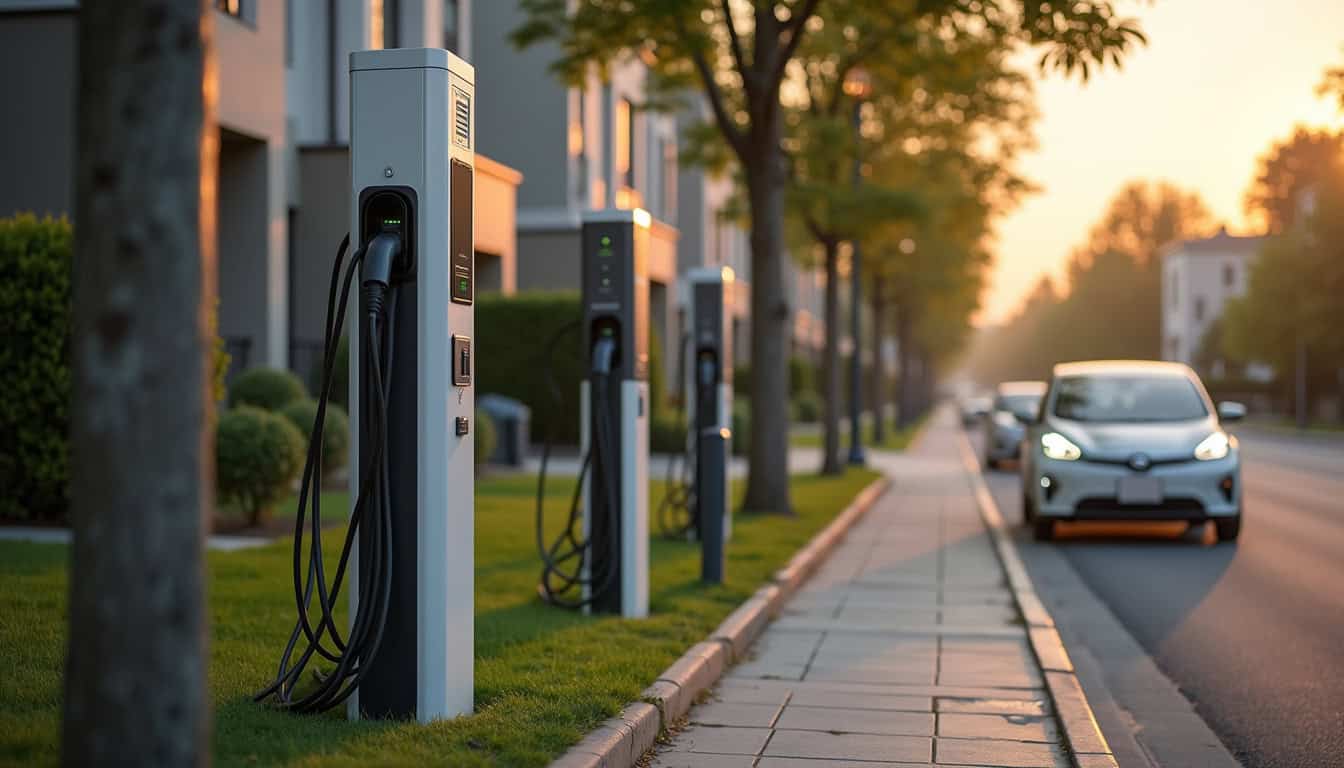 Différents modèles de bornes de recharge électrique installées sur une rue résidentielle